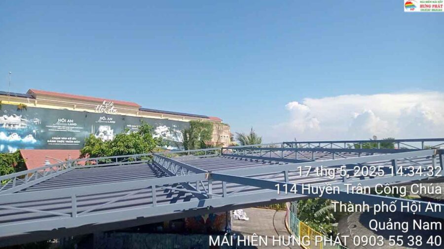 Mái xếp di động hệ cột 4d diện tích 350 m2 chia thành 2 thớt lắp đặt tại Hội An (1)
