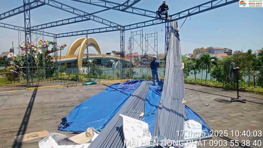 Mái xếp di động hệ cột 4d diện tích 350 m2 chia thành 2 thớt lắp đặt tại Hội An (1)