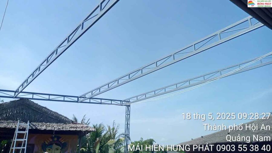 Mái xếp di động hệ cột 4d diện tích 350 m2 chia thành 2 thớt lắp đặt tại Hội An (1)